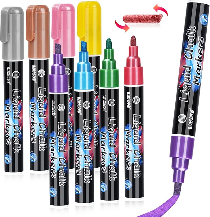 IJIANG Liquid Chalk Markers Metallic Chalk Pens Erasable 8 Colors 6 MM Reversible Tip Chalkboard Marker Non-Toxic, Non-Dusting Chalk Markers Set For Menu, Poster, Metal, Plastic, Whiteboard, Ceramic