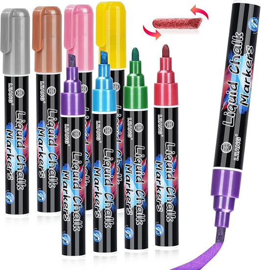 IJIANG Liquid Chalk Markers Metallic Chalk Pens Erasable 8 Colors 6 MM Reversible Tip Chalkboard Marker Non-Toxic, Non-Dusting Chalk Markers Set For Menu, Poster, Metal, Plastic, Whiteboard, Ceramic