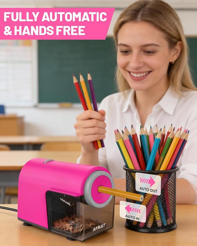 AFMAT Electric Pencil Sharpener, Fully Automatic Pencil Sharpener for 6.5-10.5mm No.2/Jumbo/Colored Pencils, Auto in & Out, 5 Sharpness Modes, 10000+ Sharpenings for Classroom Home Office, PSC5(Pink)