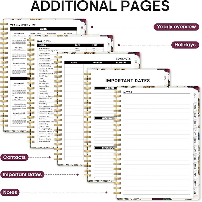 Planner 2026–2027, Academic Monthly Weekly Spiral Calendar, July 2026 – June 2027, Hardcover Agenda Notebook with Tabs, 6.3" x 8.5", Perfect for Students, Teachers, School & Daily Planning - Vineyard Birds