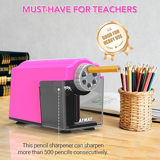 AFMAT Electric Pencil Sharpener for Classroom, 6 Holes, Cordless & Rechargeable, Super Fast, Auto Stop, 10K+ Uses, Heavy Duty Pencil Sharpener for 6-11mm No.2/Large/Colored Pencils PSD4(Pink)