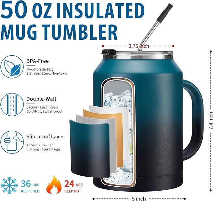 50 oz Insulated Tumbler with Handle and Straw - Stainless Steel Double Wall Coffee Mug, 2-in-1 Lid Metal Water Bottle, 36H Cold 24H Hot Travel Hydro Cup Jug with Silicone Boot
