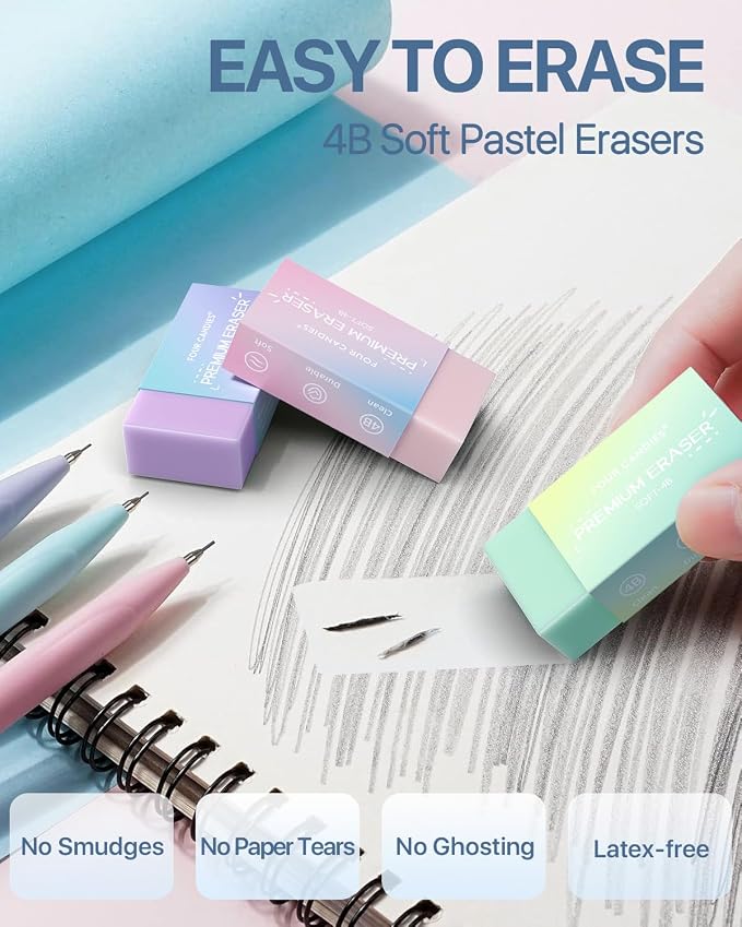 Four Candies Cute Mechanical Pencil Set, 0.5mm & 0.7mm Point, 12-Count Pack | 720 HB/2B Leads, 3 Erasers, 18 Eraser Refills, Storage Case, Pastel Barrels, Triangular Grip, for Notes & Drawing