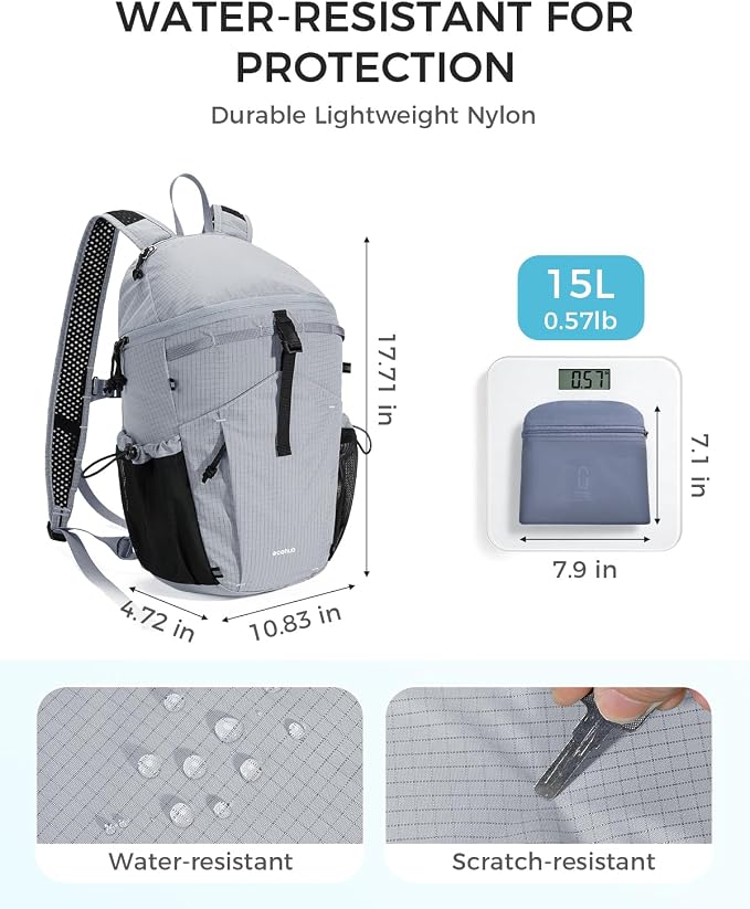 ECOHUB 15L Ultra-Lightweight Packable Backpack, Casual Daypack for Daily Use, Small Hiking & Travel, Foldable Backpack, Water-Resistant Nylon, Reflective Design