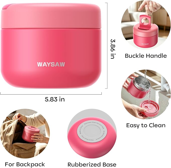 14 oz Kids Thermo for Hot Food, Leakproof Insulated Vacuum Jar/Pink | 316 stainless steel wide mouth buckle lid BPA free pasta soup small hand friendlly keep food hot and cold school lunch picnic