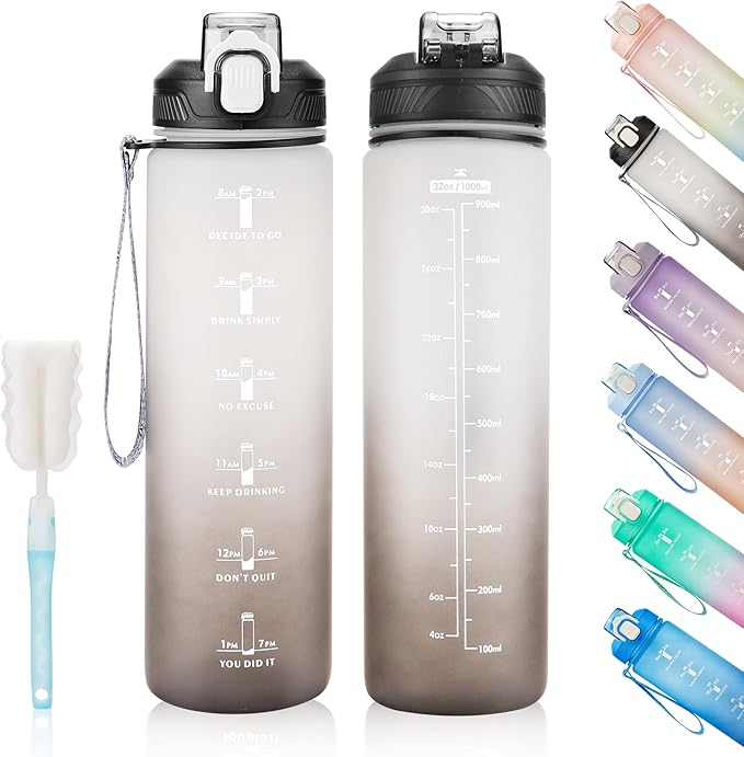 YC Kitchen Motivational Water Bottle with Time Marker- 32oz Water Bottles with Times to Drink, Leakproof & BPA Free Sports Water Bottle with Straw & Carry Strap for Fitness, Gym, and Outdoor Sports