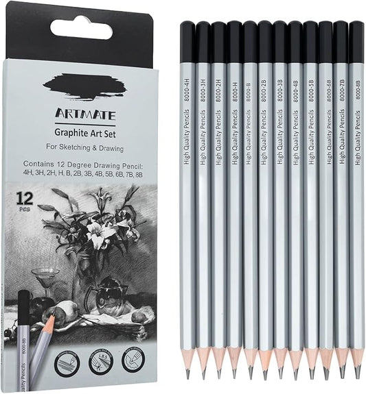 12 Pieces Graphite Sketching Pencils Set (8B-4H), Sketch Pencils for Drawing, Shading and Drafting, Art Supplies Kit for Artists, Adults