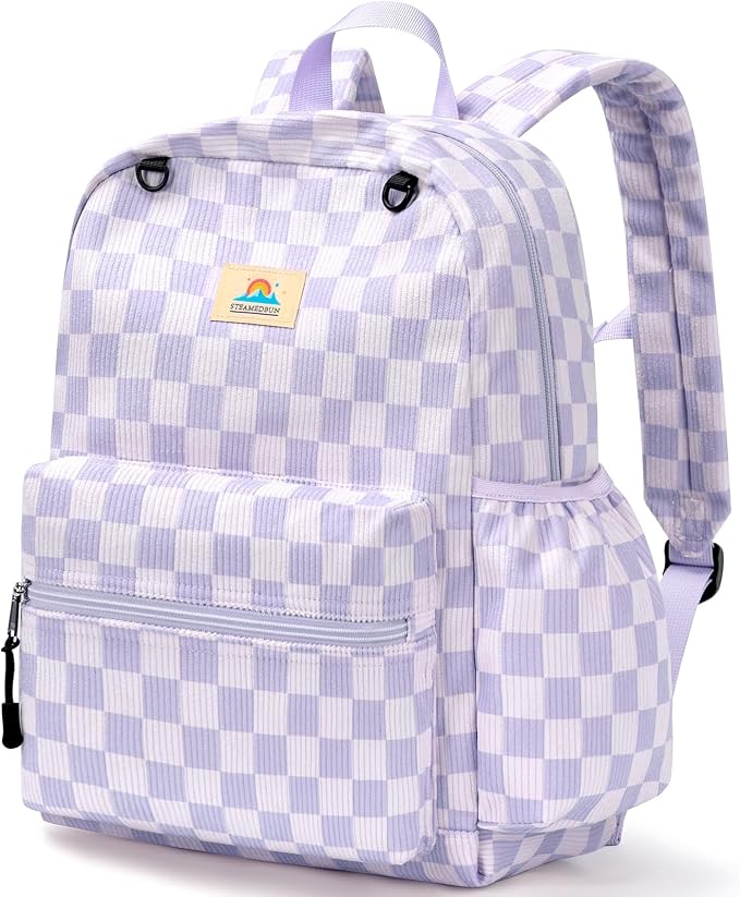 STEAMEDBUN Corduroy Kids Backpack for Girls and Boys 5-8: Girls Backpack for Elementary Kindergarten - 15 inch Cute Backpacks for Kids - Checkerboard