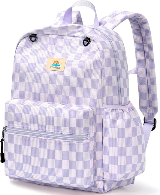 STEAMEDBUN Corduroy Kids Backpack for Girls and Boys 5-8: Girls Backpack for Elementary Kindergarten - 15 inch Cute Backpacks for Kids - Checkerboard