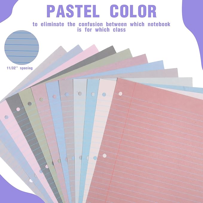 PerKoop 12 Pack 600 Sheets Loose Leaf Paper 8" x 10.5",Elegant Color