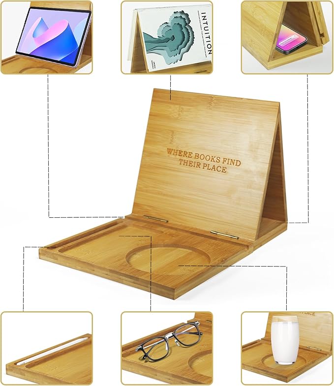 ZenRich Bamboo Wooden Book Stand Holder - Unique Book Nook Reading Valet with Cup, Glasses & Pen/Tablet/Kindle Holder. Foldable Bookmark - Ideal for Lovers