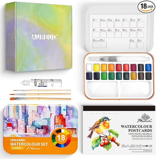 AUREUO Travel Watercolor Set with Gift Box - Small Water Color Kit with18 Classic Color Watercolor Paint Set, Brushes, Watercolor Postcards, Masking Fluid Pen & Tote Bag