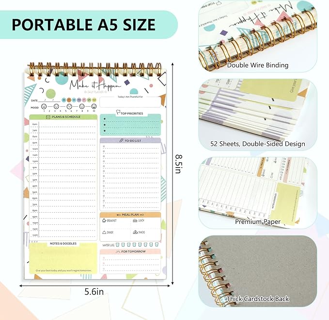 To Do List Notepad Undated Daily Planner, 5.6 x 8.5 Spiral Task Planner Notebook with Checklist & Multiple Sections, 52 Detachable Sheets Productivity Organizer for Work Office School Home
