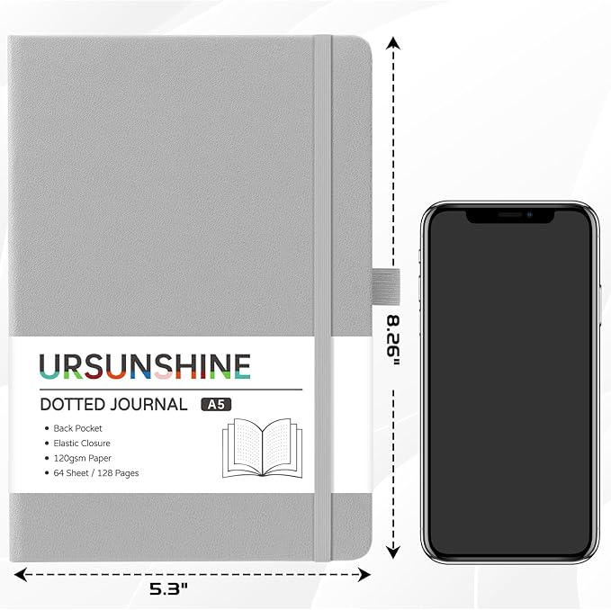 Dotted Journal/Notebook - Dot Grid Hard Cover Notebook, Premium Thick Paper with Fine Inner Pocket, Black Smooth Faux Leather, Pen Loop, 5.3'' x 8.26'' - Light Gray