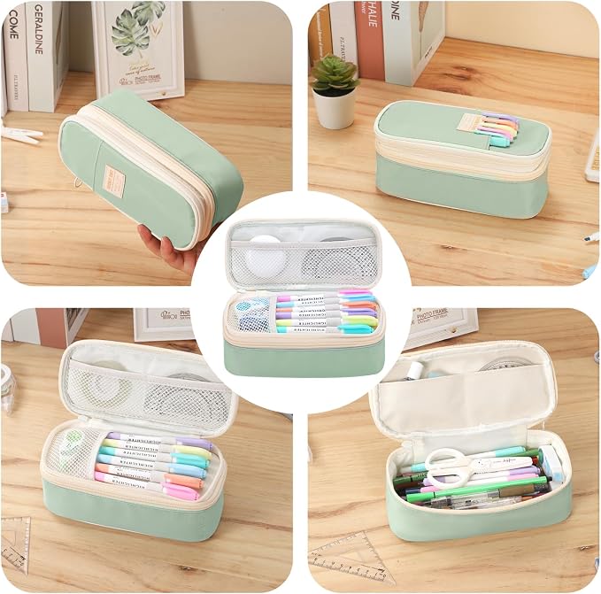 Large Pencil Bag for Girls Teens Kids School Pencil Case Organizer Green | Zipper Pencil Pouch Big Cute Stationery Aesthetic Pencil Box for School Office, Wear-resistant Fabric, Large Capacity Design