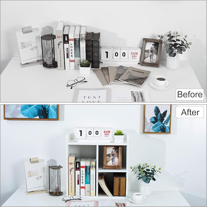 PAG Desktop Shelf Freestanding Wood Small Bookshelf Desk Supplies Organizers and Accessories Storage Display Rack Office Decor for Women, White