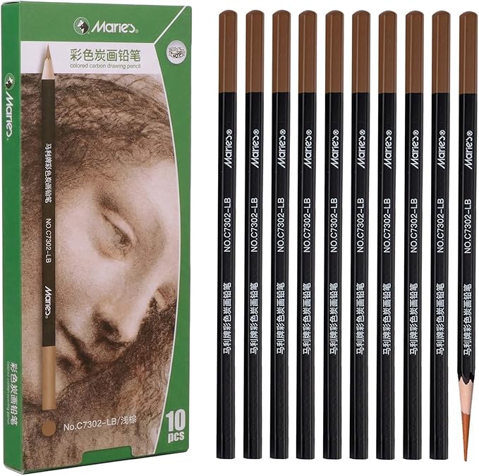 Marie's Professional Charcoal Drawing Set - Premium Artist Sketching Pencils for Portraits & Fine Art - Ideal for Professional Artists & Studio Creation(Light Brown)