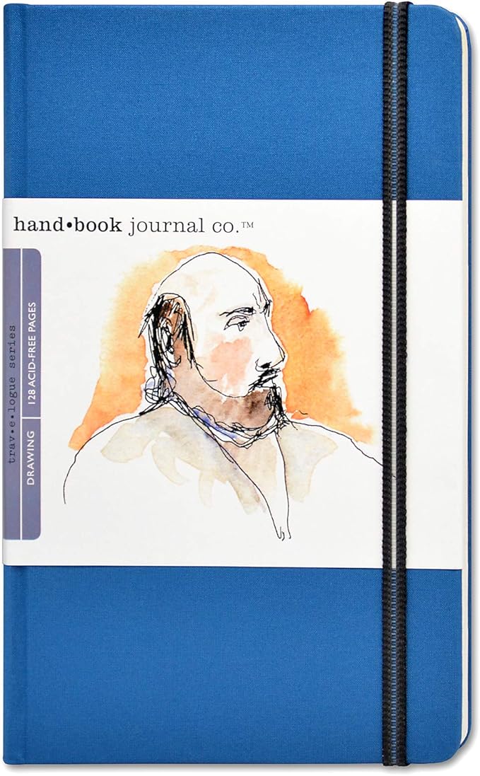 Handbook Journal Co. Sketch Book - Large Portrait 8.25 x 5.5 in Ultramarine European Linen-Bound Hard Cover, 128 Pages (64 Sheets) of 130 GSM Acid-Free Art Drawing Paper, Pocket and Elastic Closure