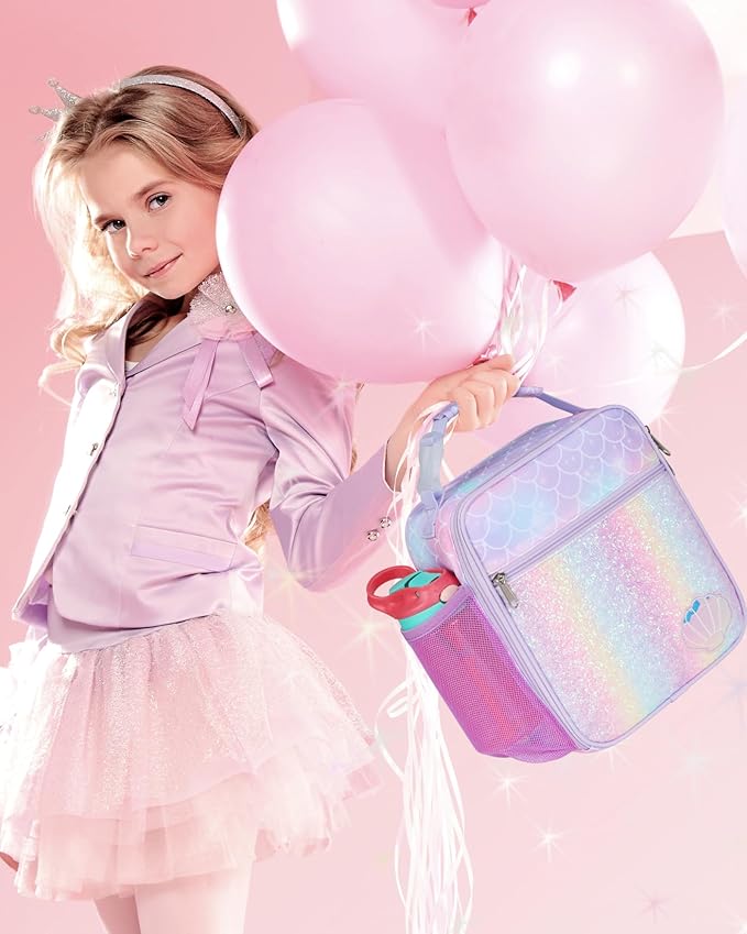 Bagseri Kids Lunch Box for Girls - Insulated Toddler Lunch Bag Fits Bento Box, Reusable Daycare Cooler Tote with Clip Handle, Water-Resistant Lining, Glitter Purple Mermaid