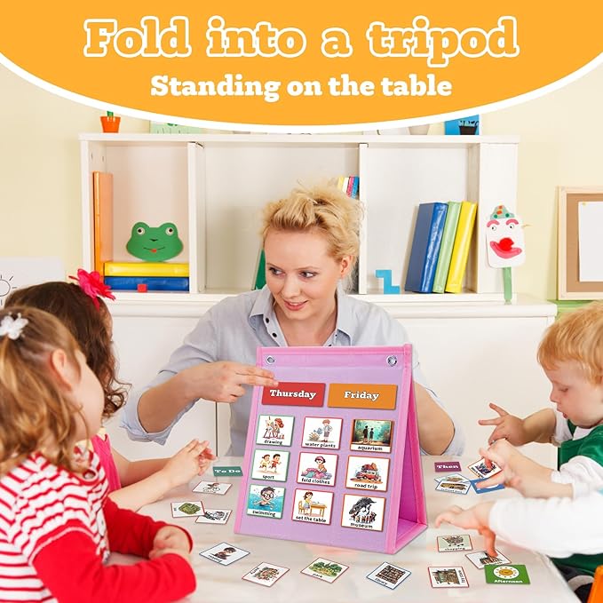 PITCOTT Visual Schedule for Kids Chore Chart，3 in 1 Daily Schedule Board Routine Pocket Chart Cards for Toddlers,Autism Learning Materials Tool Wall Planner for Home School with 103 Cards （Pink）