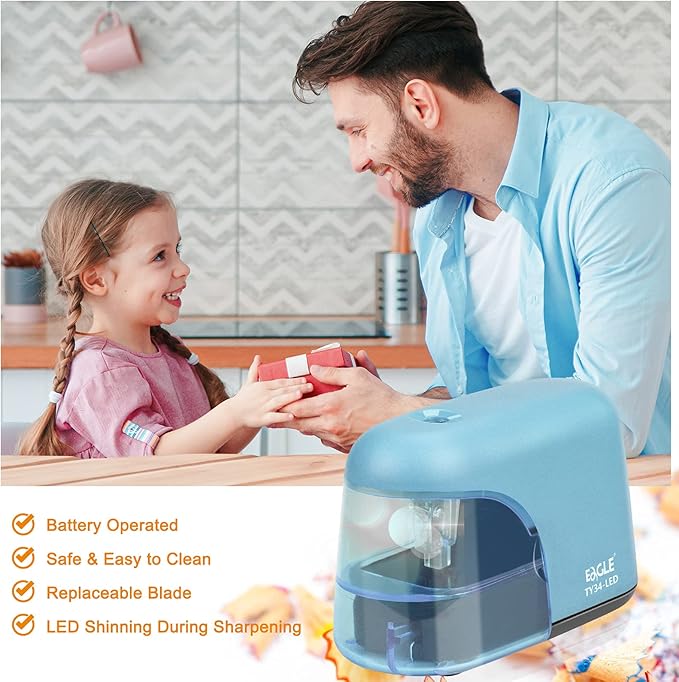 Eagle Electric Pencil Sharpener, Battery Powered Sharpener, LED Light Shinning During Sharpening, Portable, with Reusable and Replaceable Blade, Suitable for Kids, Ideal School Office Supplies(Blue)