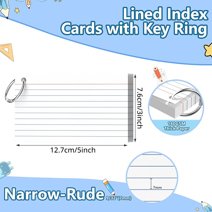 Index Cards 3x5 Inch With Ring, 300 Count, Ruled White Colored Index Card, 180GSM Flash Cards College Ruled for Students, Teachers, Study Note Card for Office, Home, School, Office