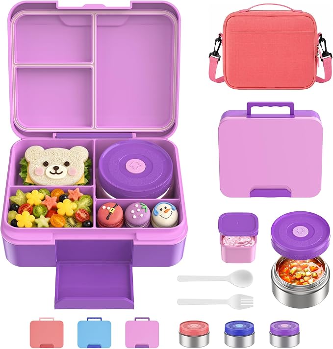 Bento Lunch Box Set for Kids with 8.5oz Hot Food Jar Leak-Proof Lunch Food Container with Insulated Lunch Bag for Toddlers Girls Boys Teens to School, Office, Picnic, Camping, Travel - Purple