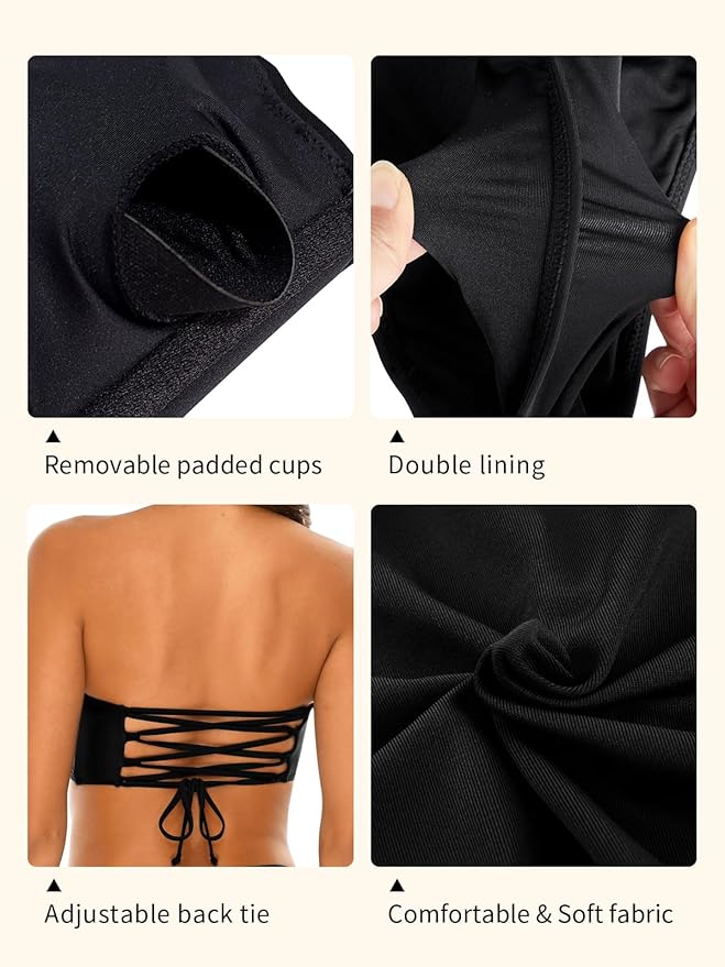 RELLECIGA Women Bandeau Swim Top Only Strapless Bikini Top Tie Back Swimsuit Tube Top