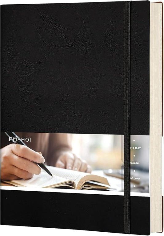 EMSHOI Dotted Journal Notebook, B5 Large Softcover Leather Journal, 192 Numbered Pages 100gsm Thick Dot Grid Notebook for Bullet Journaling Drawing Work School, 7.48"x10.15"-Black