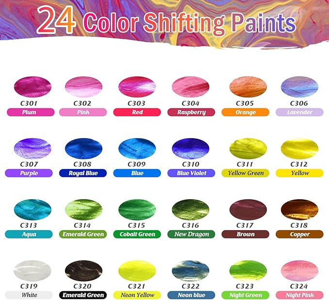 Caliart Iridescent Acrylic Paint, 24 Chameleon Colors in 59ml/2oz Bottles with 12 Brushes, Art Craft Paints Color-shifting for Adults Artists Beginners, Canvas Ceramic Wood Rock Painting Kit