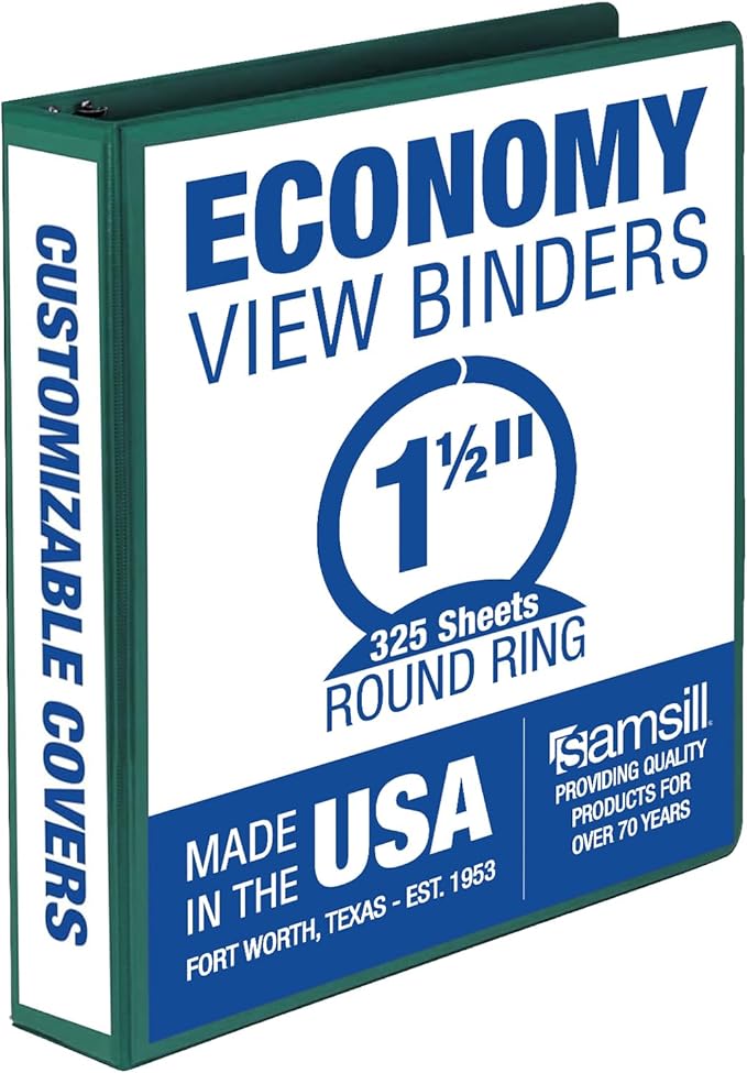 Samsill 1.5 Inch 3 Ring Binder, Economy Round Ring, Clear View Cover, 325 Sheet Capacity - for School, Home, Office - Forsest Green