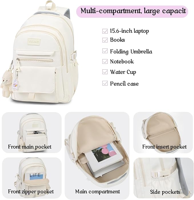 PRLINJSK Girls Backpack for College High Middle School Student, Cute Aesthetic Bookbag for Teens Women with Accessories,Beige