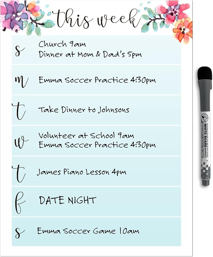 Dry Erase Weekly Calendar Planner Sticker Decal | Removable & Reusable | Magnetic Fine-Tip Marker Included (9 x 12 inches, Floral)