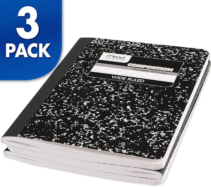 Mead Composition Notebook, 3 Pack, College Ruled Paper, 7-1/2" x 9-3/4", 100 Sheets per Comp Book, Black Marble (38111)