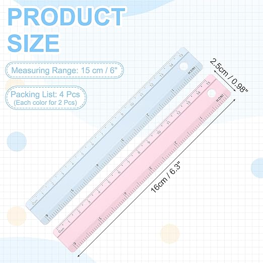 PATIKIL Metal Ruler 6 Inch/15cm, 4 Pcs Aluminum Straight Edge Ruler, Dual Scale Measuring Tool with Inch/Centimeter Scales & Hole for Math Office Drawing Engineering Home, Pink/Blue