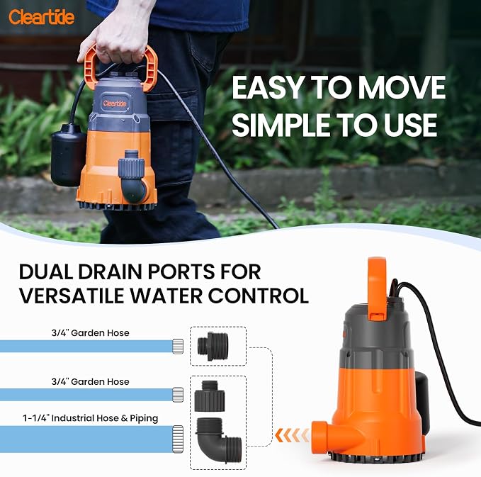 Submersible Water Sump Pump with Float Switch, 1/2 HP 3060 GPH High Flow, Ideal for Yard and Flooded Cellar, Hot Tub, Garden Irrigation, Debris-Handling up to 3/8"