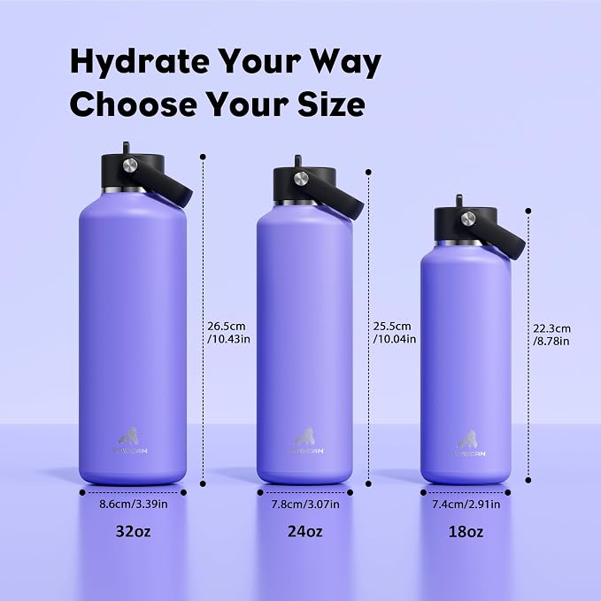POWCAN 24 oz Travel Water Bottle: Leakproof, Cold for 24H, BPA-Free, Top Handle, Insulated Stainless Steel Water Bottle with Straw for School, Outdoors, Teens, Running, Sport, Trip (Violet's Tale)