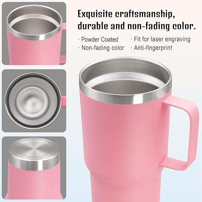 20 oz Tumbler with Handle and Lid, Stainless Steel Tumbler Insulated Travel Coffee Mug, Spill Proof Double Wall Vacuum Tumbler Cup Keep Drink Hot & Cold, Pink, 12 Pack