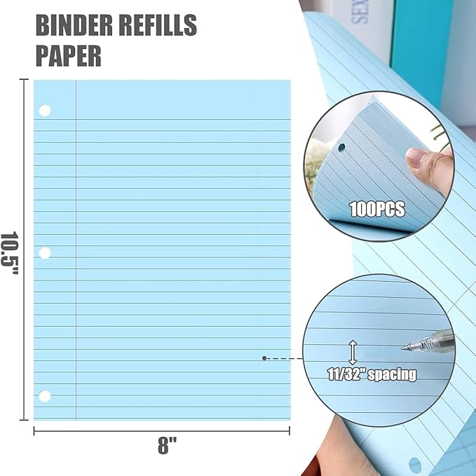 HIBOX Loose Leaf Paper Wide Ruled Notebook Paper, 100 Sheets 8"x10.5" Filler Papers Blue, 3-Hole Punched Binder for Back to School & College Supplies, Fights Ink Bleed, Office Planners