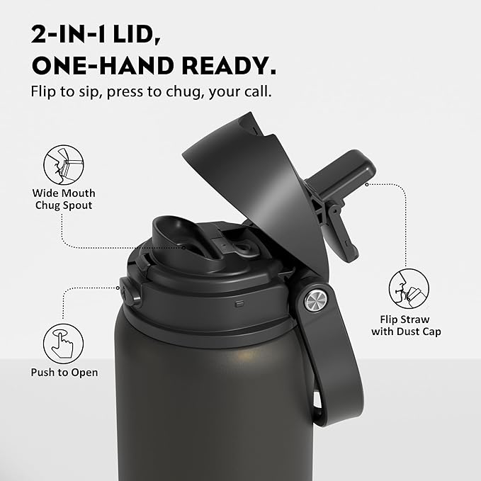 POWCAN 32 oz Insulated Water Bottle: 2-in-1 Push-Button Spout & Quick-Flip Straw Lid, Leakproof, Keep Cold 24Hrs, BPA-Free, Stainless Steel Water Bottle for Sports, School, Travel, Gym, Gift (King)