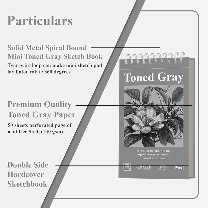 Fuxi Toned Gray Sketchbook, 2-Pack - 5.5" x 8.5", | 85lb/130gsm Charcoal Drawing Paper, 50 Sheets Per Pad.