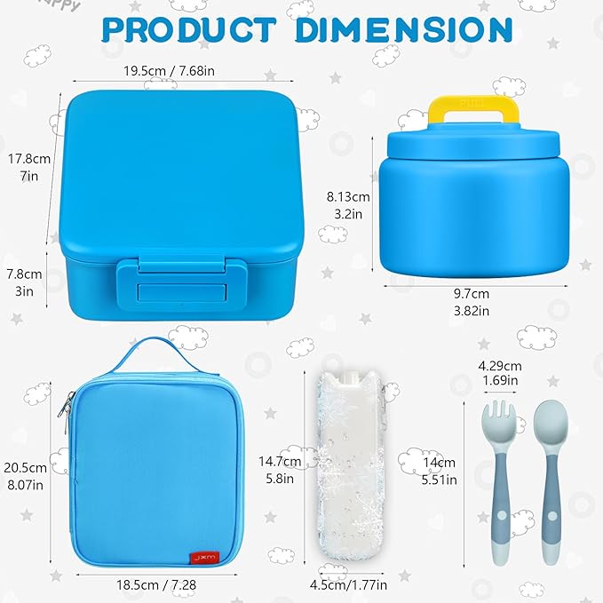 MAISON HUIS Bento Lunch Box with 8oz Soup Thermo, 5-Compartment Leak-Proof Container, Thermo Hot Food Jar and Insulated Lunch Bag, BPA Free,Travel, School (Blue)