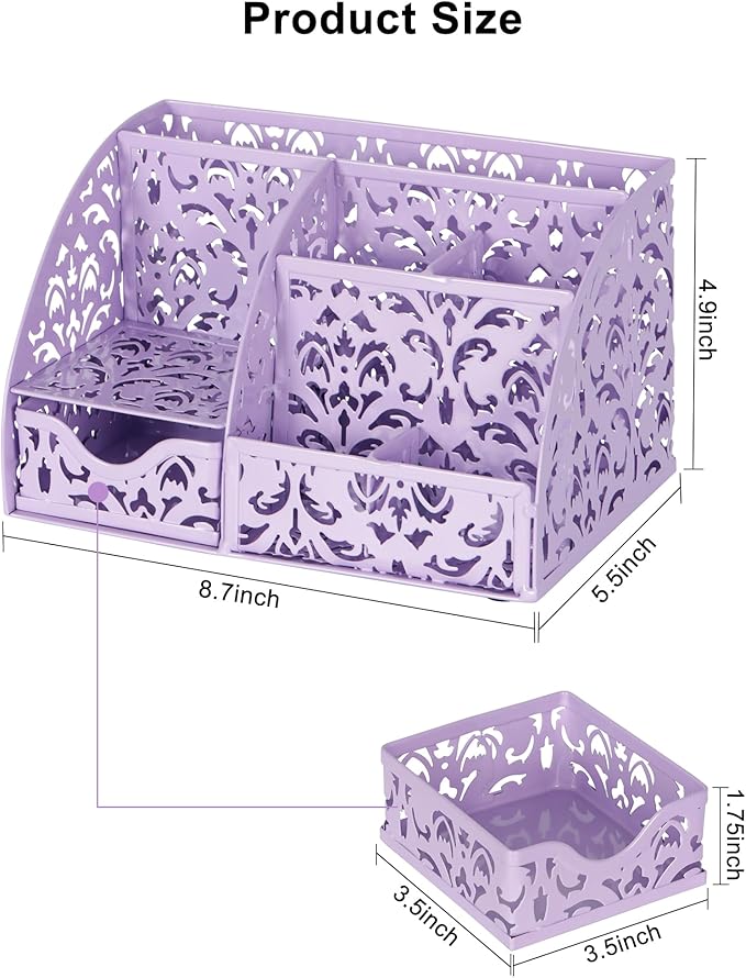 EasyPAG Pen Holder Desk Organizer with Drawer Pencil Cup for Desk 6 Compartments Metal Office Caddy Storage with Sticky Notes Holder for School Home Office, Purple
