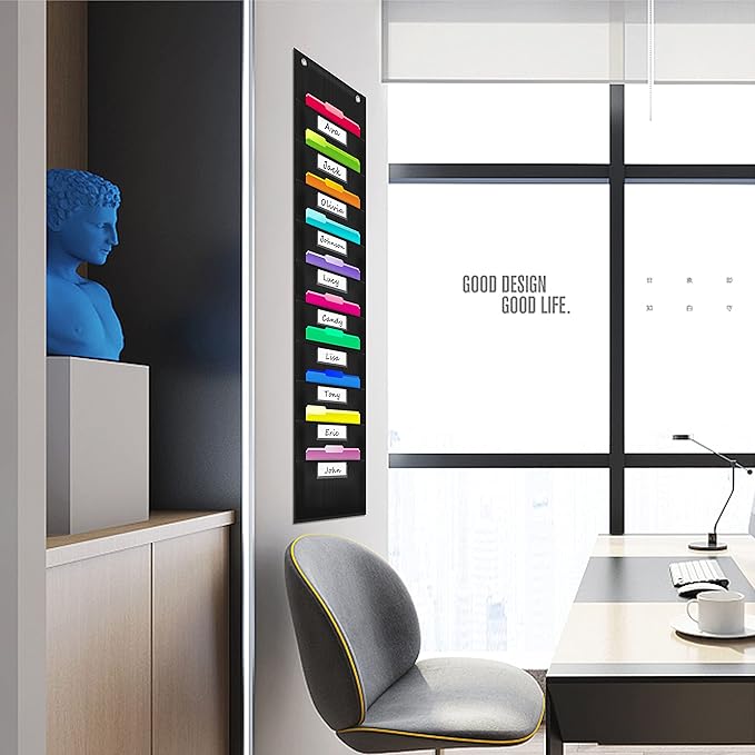 Vantasii Organization Pocket Chart with 10 Pockets, Hanging Wall File Organizer, 2 Over Door Metal Hangers Included, 10 Dry-Erase White Labels,Organize Your Assignments, Files (Black, 14” x 47”)