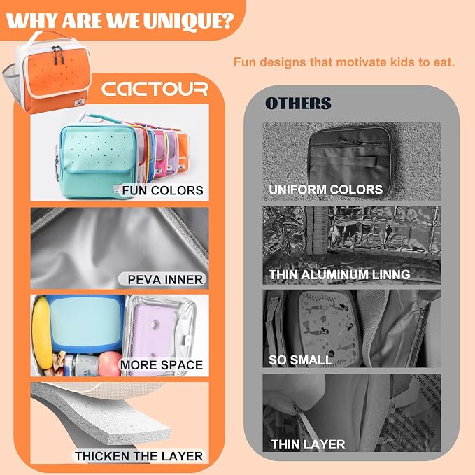 CaCTOUR Lunch Box Kids,Fun Color Lunch Box for Girls,Large Soft Cooler Lunch Bag for Kids,Back to School Thermal Insulated Lunch Tote Bag for School Daycare Outdoor (Orange Beige)