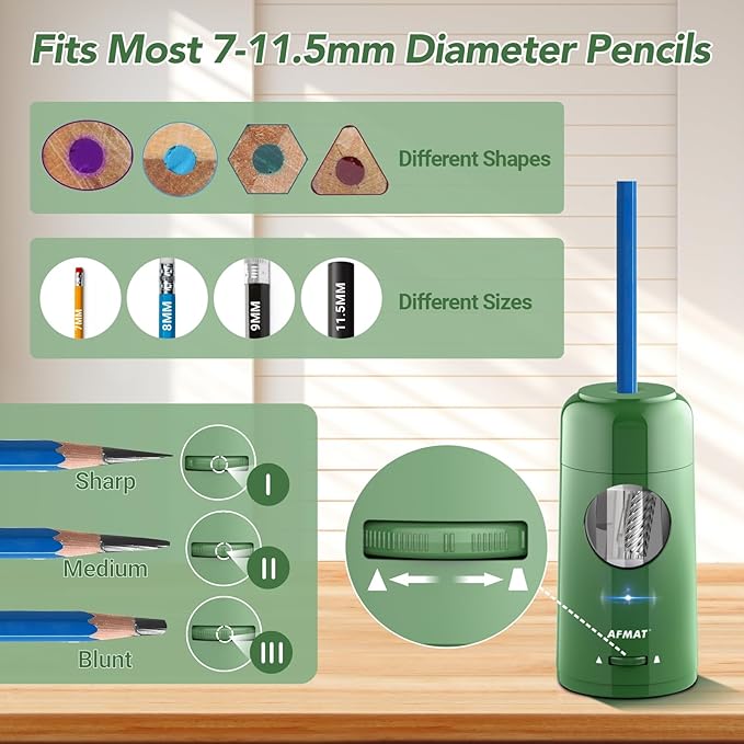 AFMAT Electric Pencil Sharpener, Rechargeable Fully Automatic Pencil Sharpener for Jumbo & Colored Pencils (7-11.5mm), Auto in/Out, Hands-Free, Portable for Home/Classroom/Office PSX6(Green)