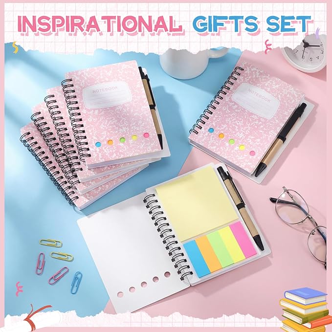 Dunzoom 24 Sets Spiral Notebook Bulk, Steno Pads Lined Notepad with Pen, Sticky Notes Colored Index Tabs, 5.2" x 4.1" Pocket Notebook for Home Business Office Supplies, 60 Sheets (Pink)