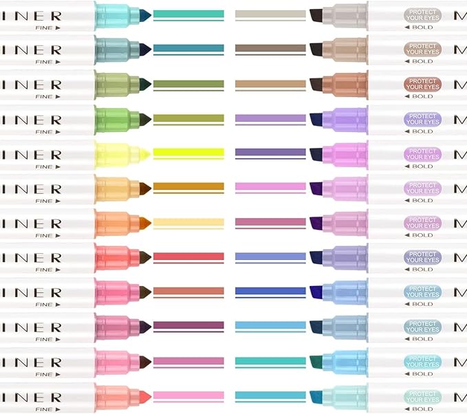 YOOUSOO Highlighters Assorted Colors, 24 Pastel Highlighters, Unique Retro Colors, Quick Dry Dual Tip and Fine Tip No Bleed Highlighter Markers for Bible Journals Planners Books Notes
