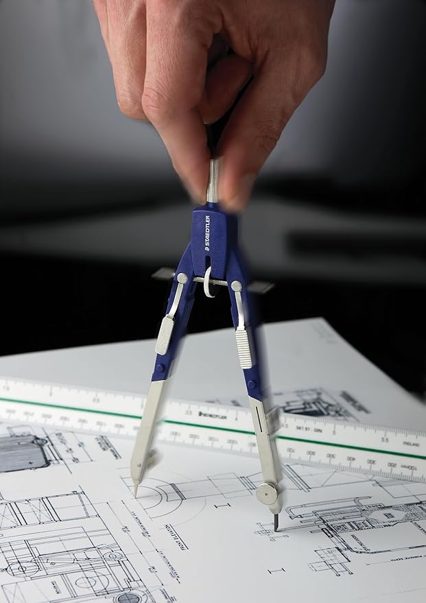 STAEDTLER Comfort Metal Quick Setting 6" Compass 2 Piece Set: Universal Adapter, Push-Button Mechanism & Extra Leads - Draws Circles up to 350mm