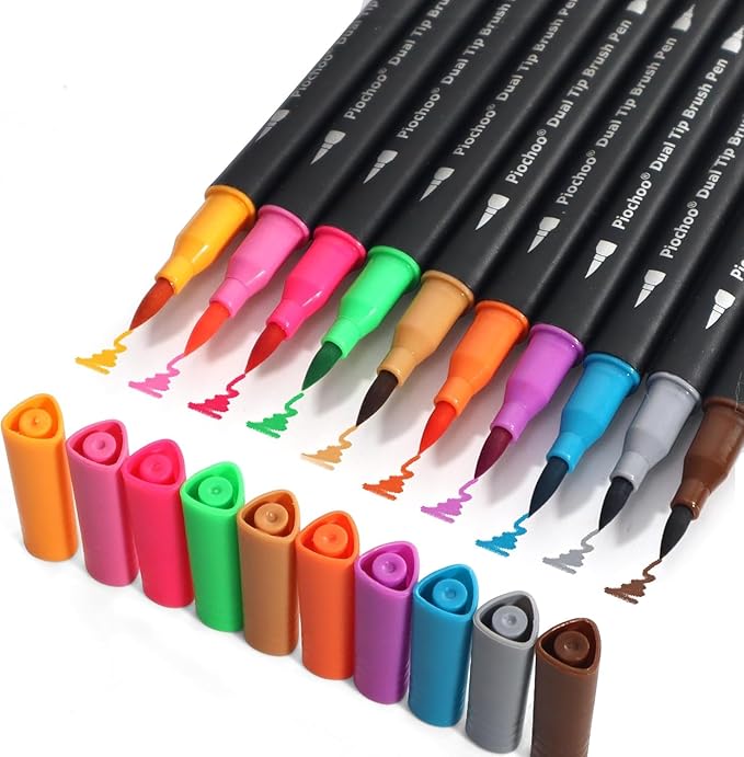 Piochoo Dual Brush Markers,60Colors Markers for Adult Coloring Books, Dual Tip Markers for School, Fine and Brush Tip for Adults Coloring Books, Calligraphy, Drawing, Sketching